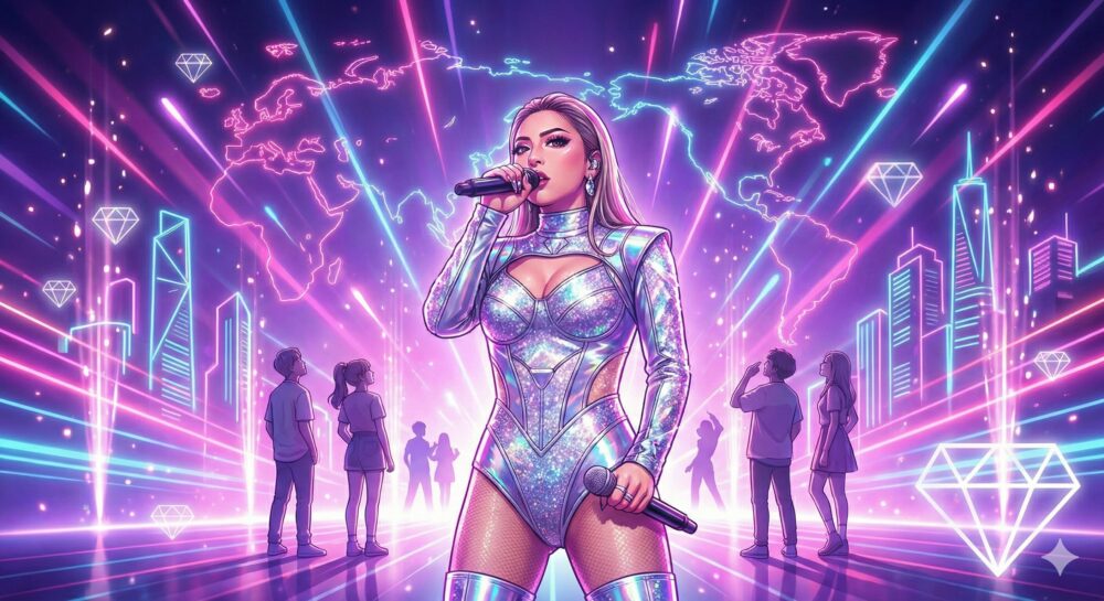 2026年の若者アイコンとしてのちゃんみなを象徴するイメージ。ネオン輝く未来的な世界地図と都市を背景に、自信に満ちた姿で次世代を牽引するリーダーシップとグローバルな影響力を表現したイラストレーション。