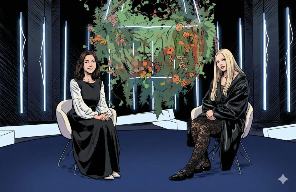 NHK『クローズアップ現代』のスタジオで対談するちゃんみなの様子を再現したマンガ風イラスト。番組テーマ「痛みこそ美しさに」を象徴する、2026年最新のブログ用画像。