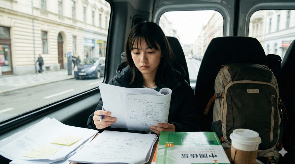 視覚情報(移動中の車内、台本、中国語テキスト、真剣な表情)を具体的に描写しつつ、それが記事の文脈(超多忙な中でのストイックな学び)とどう繋がるのかを明記しています。「中国語」という具体的なキーワードを入れることで、記事内の語学に関する記述ともリンクさせやすくなります。