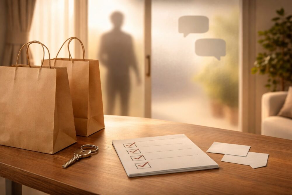 出口夏希の父親に関するエピソードを示すイメージ（家庭の雰囲気と買い物小物）