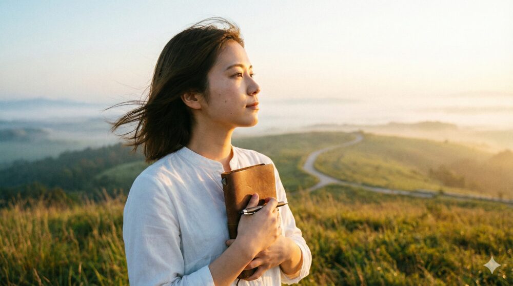 朝日に照らされた丘の上で、ノートを胸に抱きながら未来を見つめる女性。出口夏希の「学び続ける姿勢」がもたらす輝かしい未来と、女優としてのさらなる飛躍を象徴するイメージ画像。
