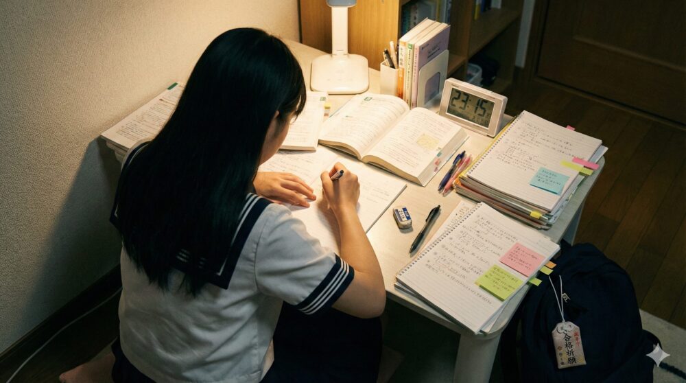 深夜まで机に向かい猛勉強する女子中学生の背中。出口夏希が中学時代に1日12時間の学習で偏差値を10アップさせた際のエピソードを彷彿とさせる、合格祈願のお守りや付箋が貼られたノートが並ぶイメージ画像。