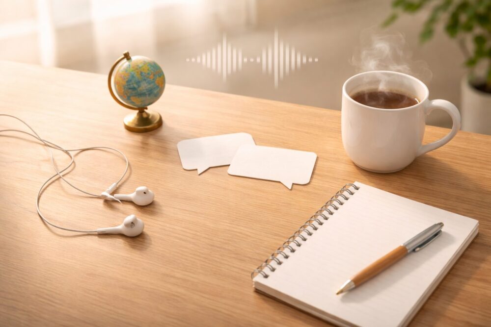 出口夏希の母親に関わる家庭内言語の話題を示すイメージ（リスニング小物とデスク）