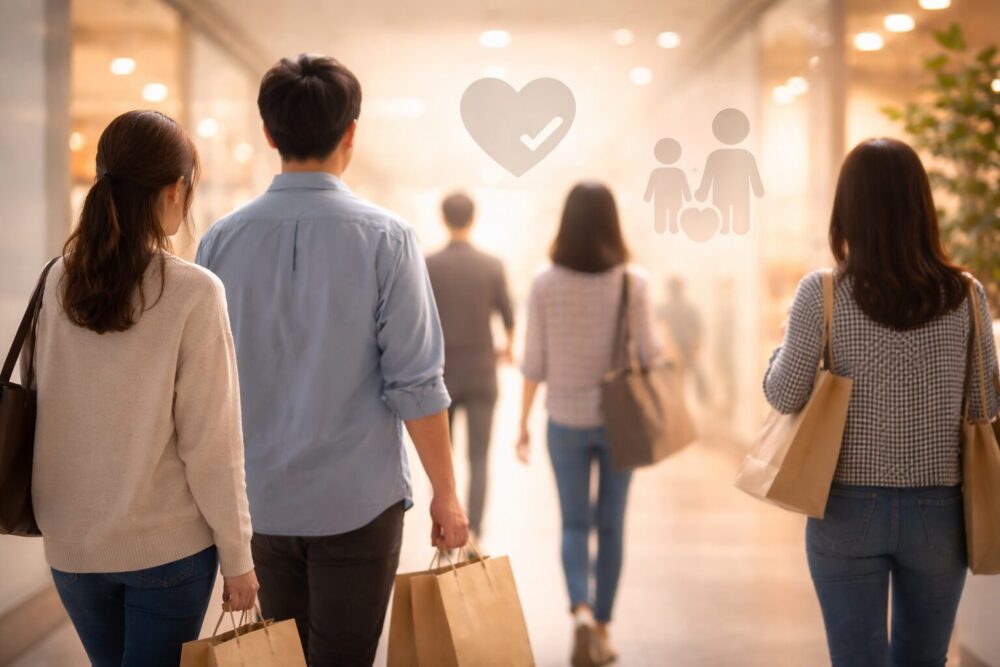 出口夏希の兄弟エピソードを連想させるイメージ（買い物と家族の後ろ姿）