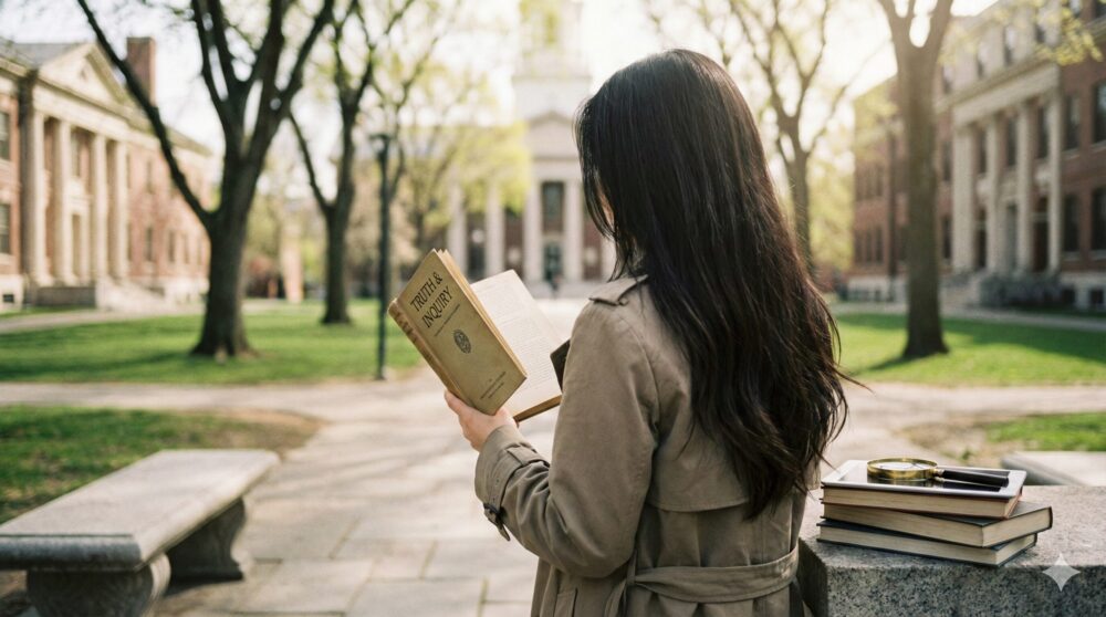 大学のキャンパス内で「TRUTH & INQUIRY(真実と探求)」という本を読み、出口夏希の大学進学や学歴に関する噂を検証・調査しているイメージ画像。
