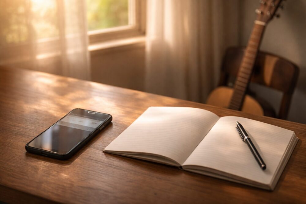 「去年の夏の連絡」を想起させる通知スマホとギターがある夕方デスクのイメージ