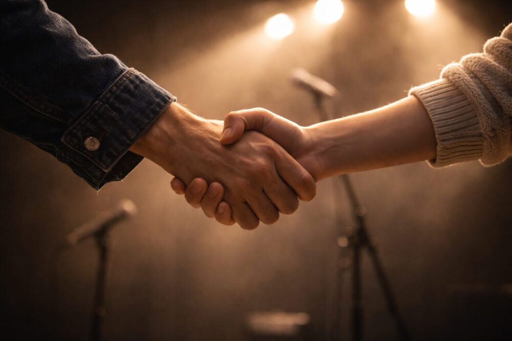 スポットライトの下で握手する手元だけを写した「ソロで行こう」の象徴カット