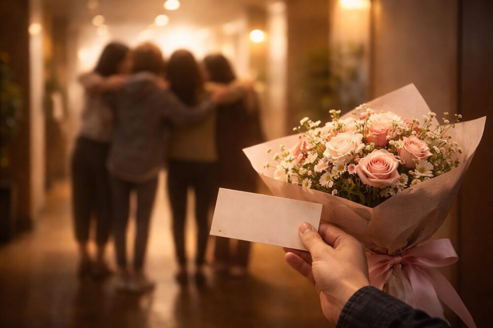 花束と後ろ姿の仲間シルエットで表現した「HANAファンミ報告の感動」イメージ