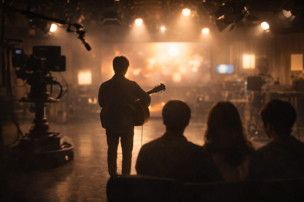 スタジオ機材と演者の後ろ姿、見守る3人の影で描く「デビュー当日」イメージ