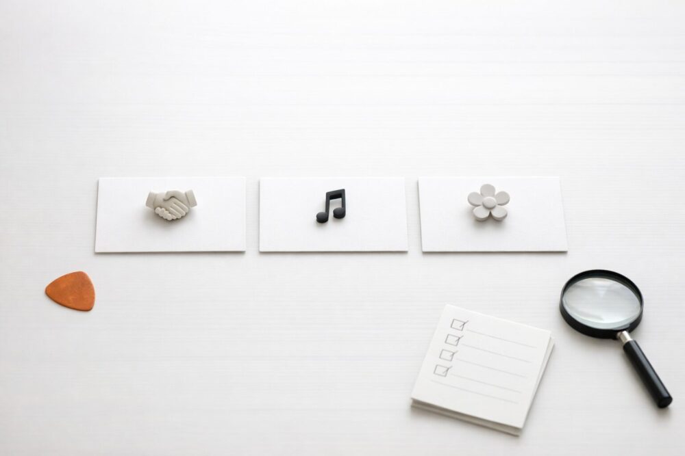 無地カード3枚と握手・音符・花の小物で「秘話3本柱」を示すデスク俯瞰イメージ