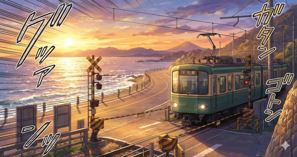 映画「君が最後に遺した歌」のロケ地と予想される、江ノ島付近の海岸沿いと路面電車の美しい夕焼け風景のイラスト。