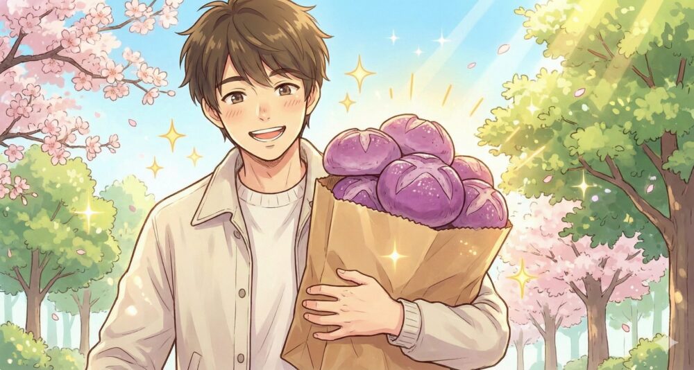 記事のまとめとして、念願のコグマパンをたくさん手に入れて満面の笑みを浮かべる男性のマンガ風イラスト。青空の下、紙袋から溢れるコグマパンを抱え、「見つけたら即買い」というメッセージを幸せな表情で視覚的に表現している。