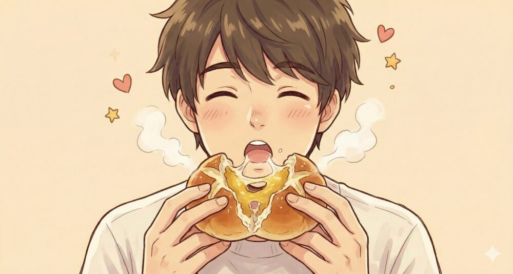 コグマパンの実食レポで、熱々のパンを頬張り、中の餡やチーズが伸びるモチモチした食感と美味しさに感動して目を細めている男性のマンガ風イラスト。
