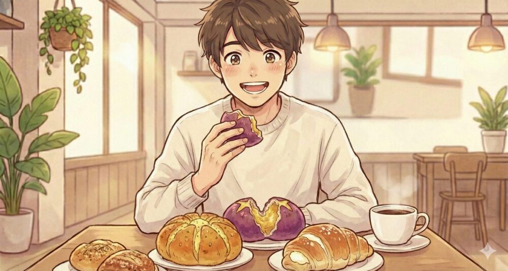 第4次韓流ブームによる新トレンド「パン活」を楽しんでいる男性のマンガ風イラスト。おしゃれな韓国カフェで、コグマパンをはじめ、マヌルパンやクリーム塩パンなど、様々な種類の韓国パンをテーブルに並べて笑顔で食事をしている。