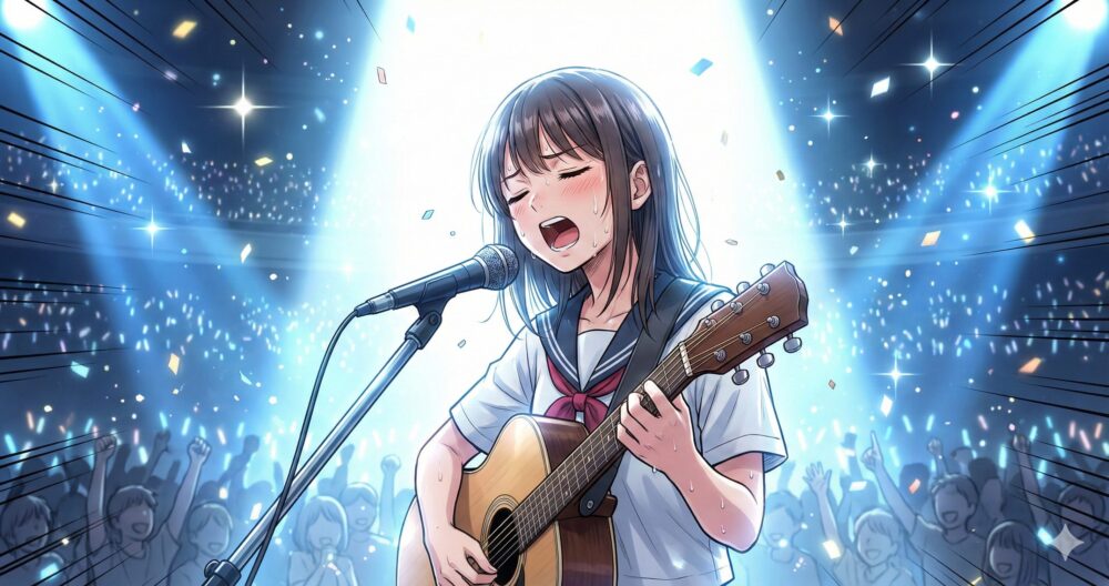 映画のクライマックスで、生見愛瑠（めるる）演じる綾音が魂を込めて歌うステージシーンをイメージした感動的なイラスト。