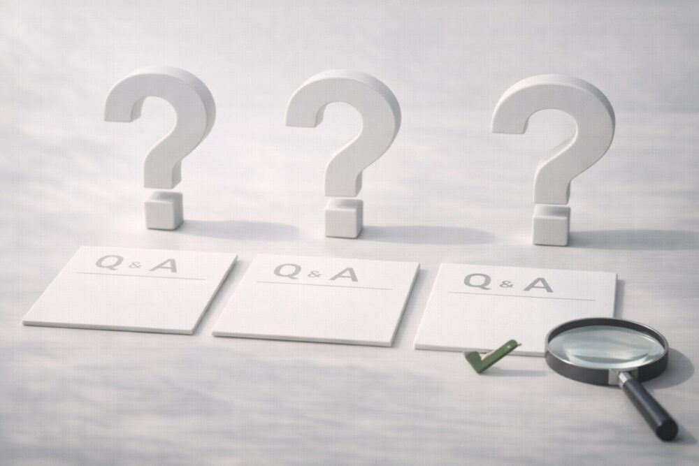 めるるの高校や金持ちの疑問に答えるFAQイメージ（疑問符とQ&Aカード）