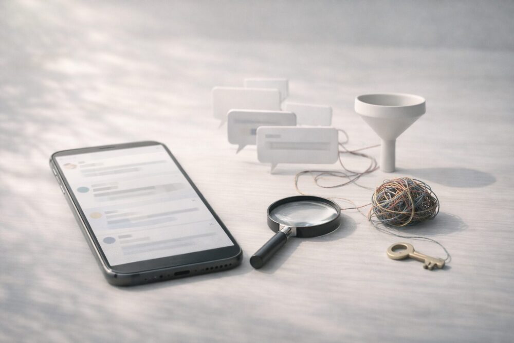 めるるの金持ち説を検証するイメージ（フィルターと虫眼鏡とSNS風UI）