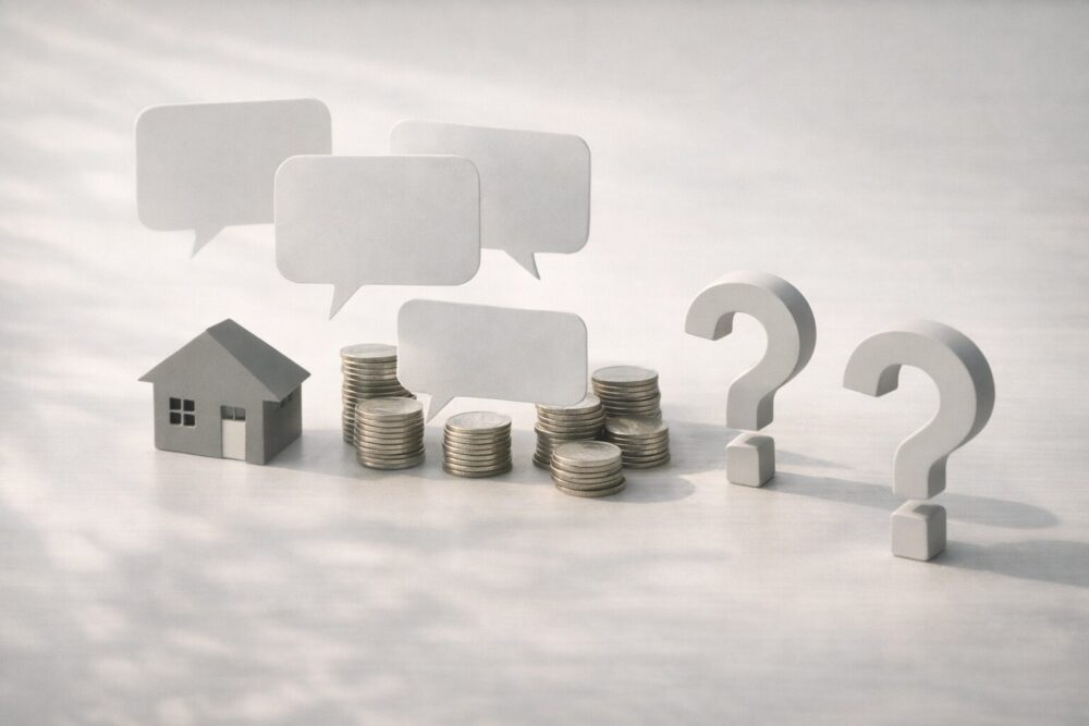 めるるが金持ちと噂される理由を示すイメージ（家とコインと疑問符）