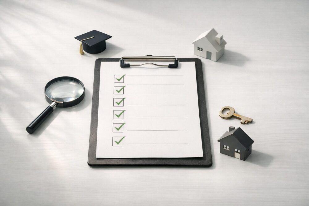 めるるの高校（通信制）と金持ち説を検証するイメージ（チェックリストと虫眼鏡）