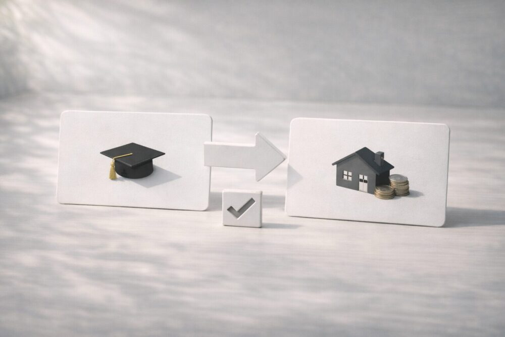 めるるの高校と金持ちが一緒に検索される構造を示すイメージ（2枚カードと矢印）