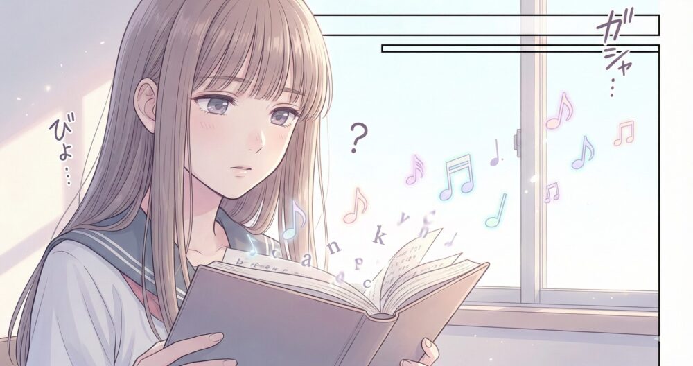 映画「君が最後に遺した歌」で文字の読み書きが困難な役を演じる生見愛瑠（めるる）をイメージした、音楽を感じる少女のマンガ風イラスト。