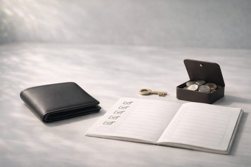 めるるの堅実な金銭感覚を表すイメージ（財布と家計簿風ノート）