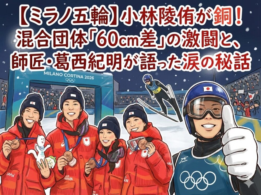 ミラノ五輪スキージャンプ混合団体で銅メダルを獲得した日本代表チームの笑顔と、サムズアップをする小林陵侑選手のイラスト。「【ミラノ五輪】小林陵侑が銅！混合団体『60cm差』の激闘と、師匠・葛西紀明が語った涙の秘話」という記事タイトルが文字で入っている。
