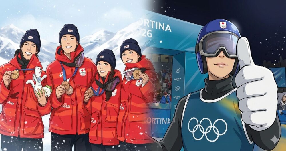 ミラノ五輪スキージャンプ混合団体で銅メダルを獲得した日本代表チーム（小林陵侑、高梨沙羅、伊藤有希、二階堂蓮）の笑顔と、サムズアップをする小林陵侑選手のイラスト。