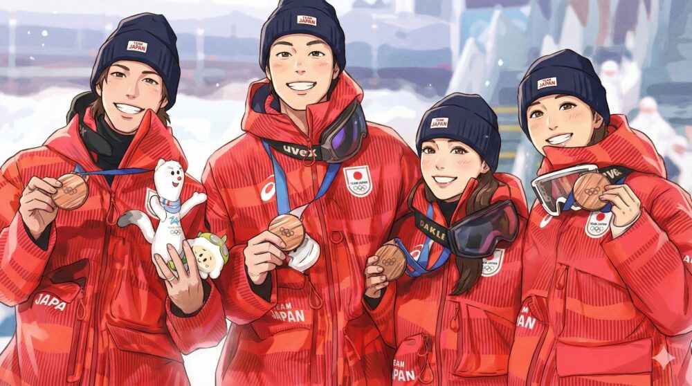 ミラノ五輪スキージャンプ混合団体で銅メダルを獲得し、笑顔でメダルとマスコットを持つ小林陵侑選手、高梨沙羅選手ら日本チーム4人のイラスト。