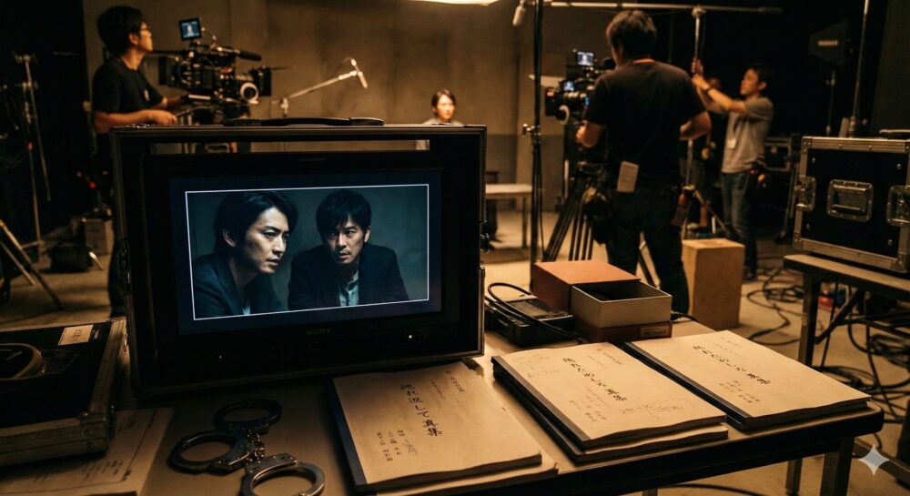 さかたりさ出演ドラマ（2024-2026年）の作品世界観を表現した画像。サスペンスドラマの撮影現場で、モニターと台本が置かれている様子。