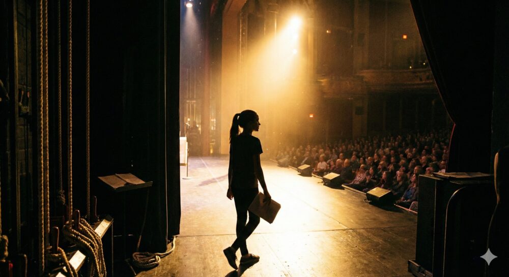 さかたりさの今後の活躍とファンからの期待を表現した画像。スポットライトを浴びてステージに向かう女優の後ろ姿。希望に満ちた雰囲気。