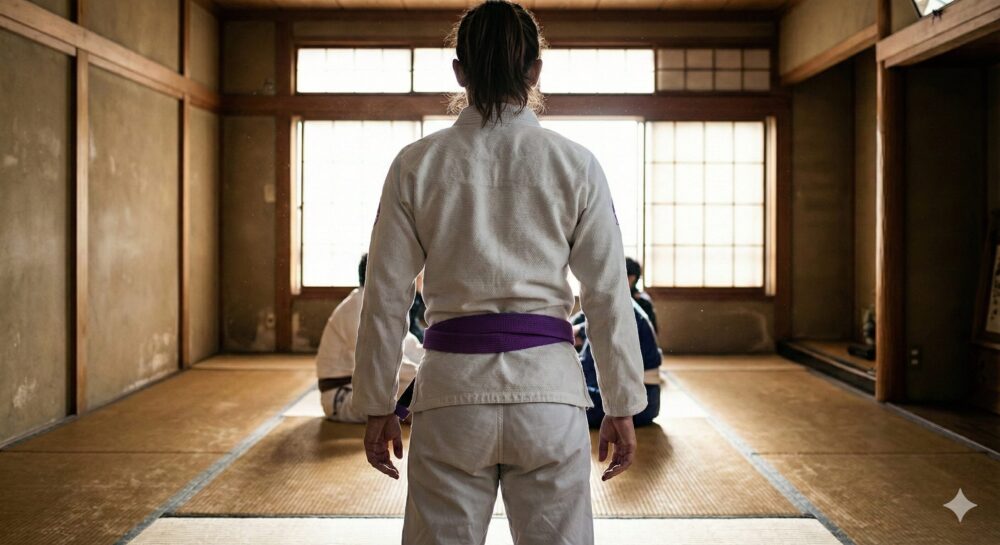 さかたりさのスタイルと身長163cmの秘訣であるブラジリアン柔術。紫帯を締めた女性が道場で凛と佇む後ろ姿。