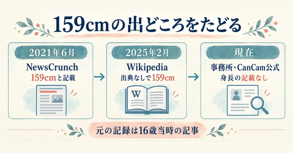 159cmの出典と公式プロフィールの確認結果を示す年表