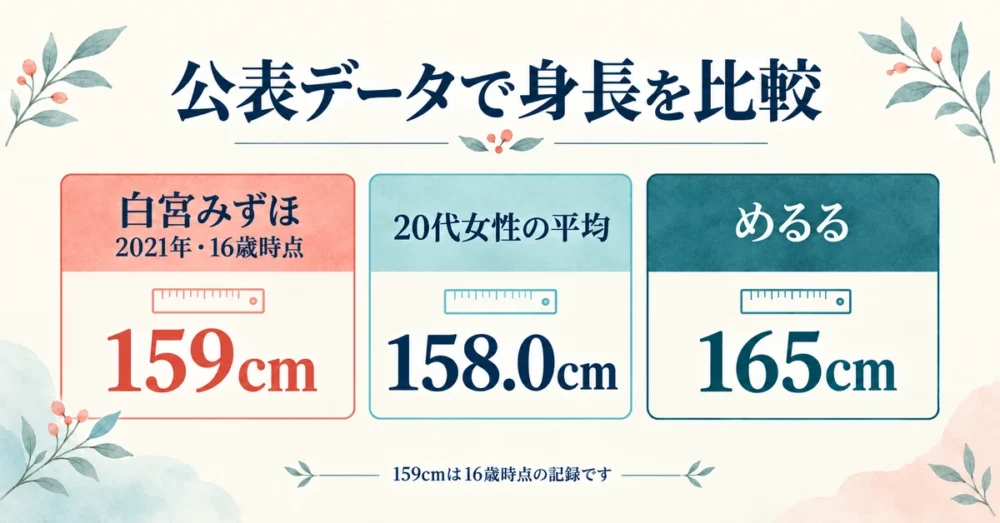 白宮みずほの身長159cmと平均158cm、めるる165cmの比較