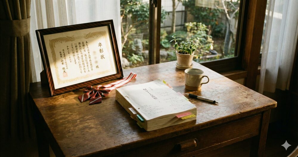 髙石あかりの学歴（通信制高校・大学進学）を象徴する、台本と卒業証書のイメージ。