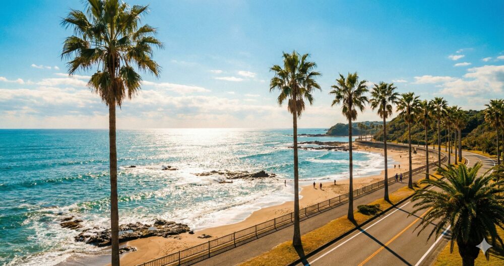 髙石あかりの故郷、宮崎県の美しい海岸線とフェニックスの木。地元愛の象徴。