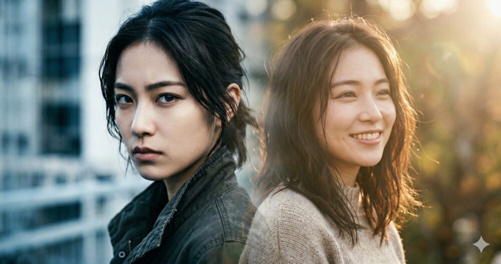 迫真の演技とふわふわした可愛らしい素顔のギャップを表現したイメージ