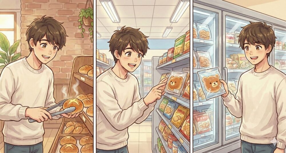 コグマパンが売られている主な販売店を示すマンガ風イラスト。左から順に、パン屋さんの棚、コンビニの陳列棚、スーパーの冷凍コーナーで、男性キャラクターがコグマパンを見つけて喜んでいる様子が描かれている。