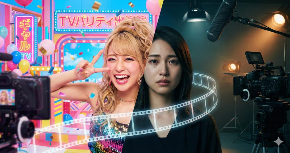 バラエティ番組での明るい笑顔から、映画撮影現場での真剣でシリアスな演技へと表情が変化していくゆうちゃみのイメージ画像。彼女の演技力の進化と女優としての軌跡を、光と影のコントラストで表現している。