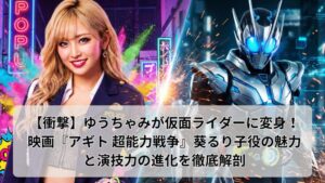 映画『アギト 超能力戦争』のブログ用アイキャッチ画像。左側には警察官風の衣装を纏ったゆうちゃみ、右側には最新型スーツの仮面ライダーG6が配置され、中央には「【衝撃】ゆうちゃみが仮面ライダーに変身！映画『アギト 超能力戦争』葵るり子役の魅力と演技力の進化を徹底解剖」という記事タイトルが記載されている。