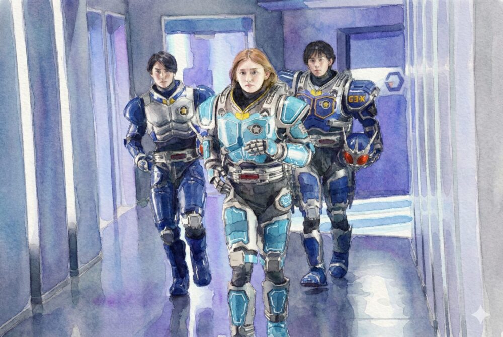 仮面ライダーG3-Xの装甲服を着たゆうちゃみと二人の男性ライダーが廊下を走るイラスト。