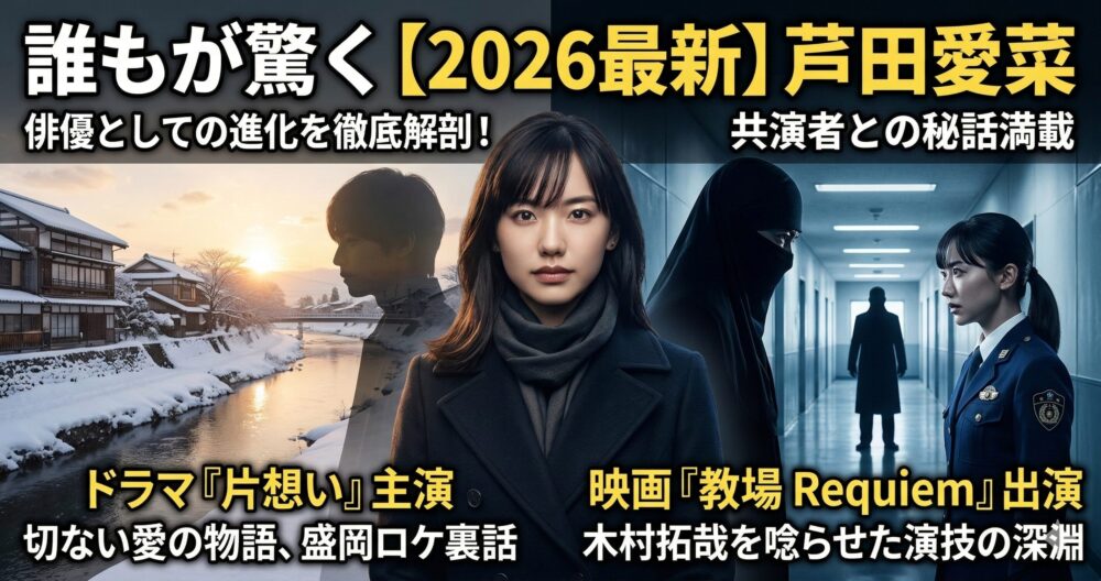 2026年最新の芦田愛菜出演ドラマ「片思い」と映画「教場 Requiem」の特集アイキャッチ画像。盛岡ロケの風景や警察学校のシーンを背景に、俳優としての進化と共演者との秘話を伝えるデザイン。
