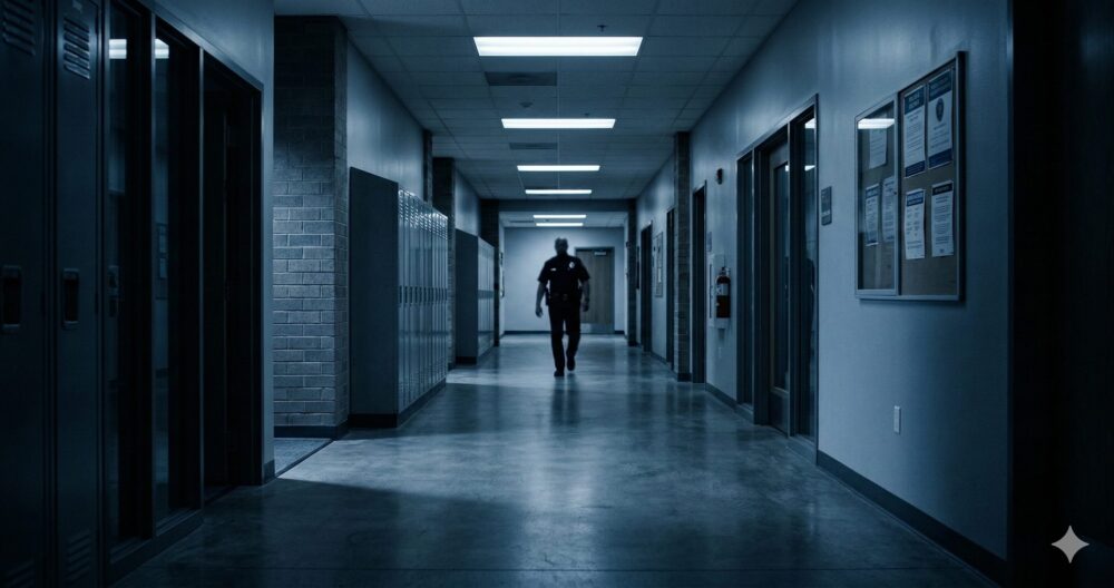 映画『教場 Requiem』の警察学校の緊張感溢れる廊下と木村拓哉・芦田愛菜の競演を象徴するイメージ