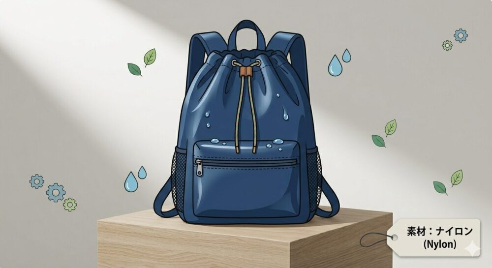 木製の台に置かれた、防水性の水滴がついた青色ナイロン製ドローストリングナップサックのクリーンなイラスト。フロントジッパーポケット、サイドメッシュポケットがあり、引き紐で閉じています。周りには、水滴、緑色の葉、歯車が浮かんでおり、右下には日本語と英語で「素材：ナイロン (Nylon)」と書かれたラベルがぶら下がっています。