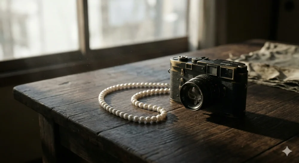 暗い木製テーブルの上に置かれたクラシックなフィルムカメラと真珠のネックレス。格子窓からの朝の光が埃を強調し、ノスタルジックな雰囲気を醸し出している。