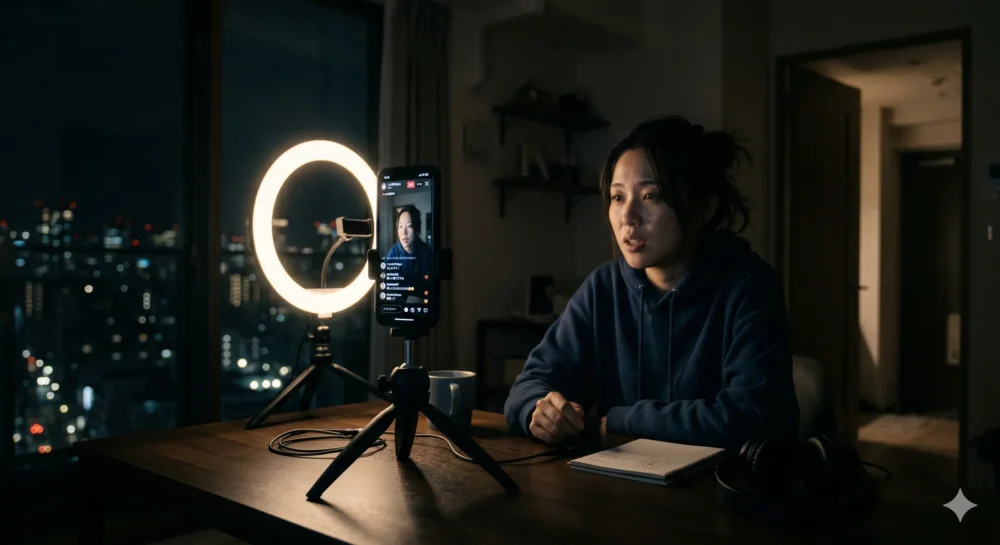 夜、きらめく都市の夜景が見える大きな窓の前に座る青いフーディーを着た若い女性が、デスクの上に置かれた三脚付きのスマートフォンに向かって話している。彼女の顔はリングライトで照らされており、デスクにはノート、マグカップ、ヘッドフォンが置かれている。彼女はライブストリーミングをしているように見える。