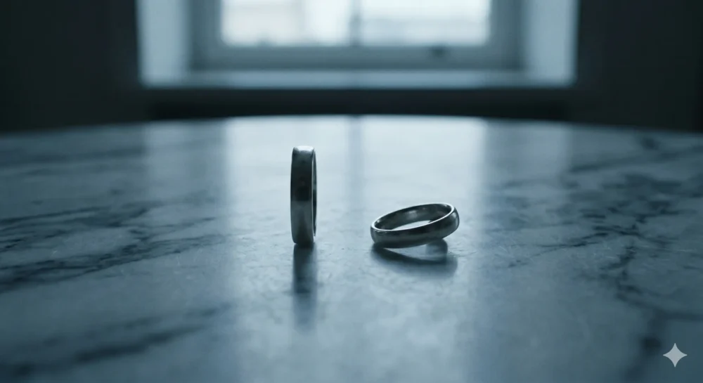 暗く冷たい青みがかった光の中、白大理石のテーブルの上に置かれた2本のシンプルな金属製の指輪。手前の指輪は横たわり、奥の指輪は側面を向けて直立している。背景にはボケた窓があり、孤独や関係の終わりを感じさせる雰囲気。