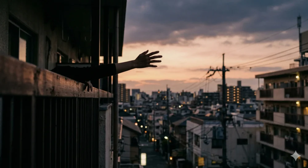アパートのバルコニーの欄干から、夕暮れの都市景観に向かって外に伸びる開いた片手。複雑な電柱と電線、立ち並ぶビル、夕日でオレンジと紫に染まる空が背景。静かで映画のような雰囲気。