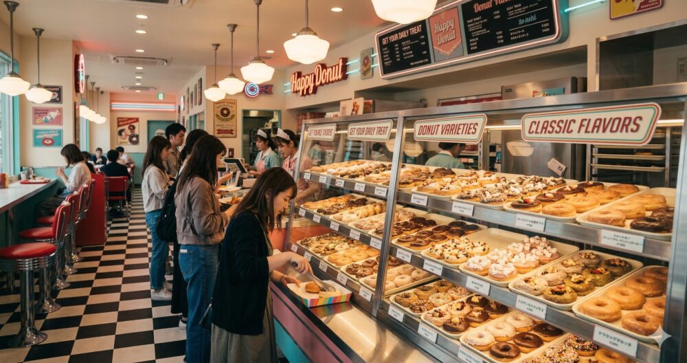 ハッピードーナッツの店内。約40種類の多様なドーナツが並ぶショーケースとアメリカンレトロな雰囲気。