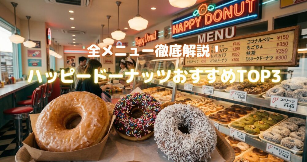ハッピードーナッツの全メニュー徹底解説記事のアイキャッチ画像。手前に大きなハニーディップ、チョコスプレー、ココナッツの3種類のドーナツが並び、背景には1950年代風のアメリカンレトロな店内とメニューボードが広がっている。中央には白と黄色の文字で「全メニュー徹底解説！ ハッピードーナッツおすすめTOP3」と記載されている。